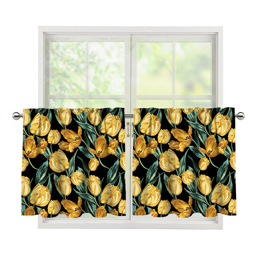 Yellow Tulip Floral Pattern Print Tier Curtains