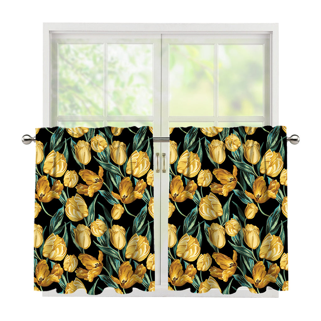 Yellow Tulip Floral Pattern Print Tier Curtains