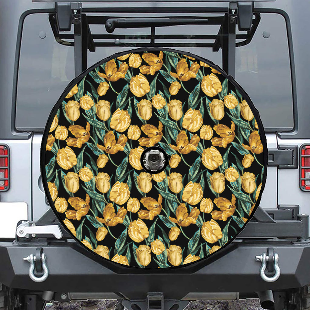 Yellow Tulip Floral Pattern Print Tire Cover With Camera Hole