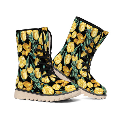 Yellow Tulip Floral Pattern Print Winter Boots
