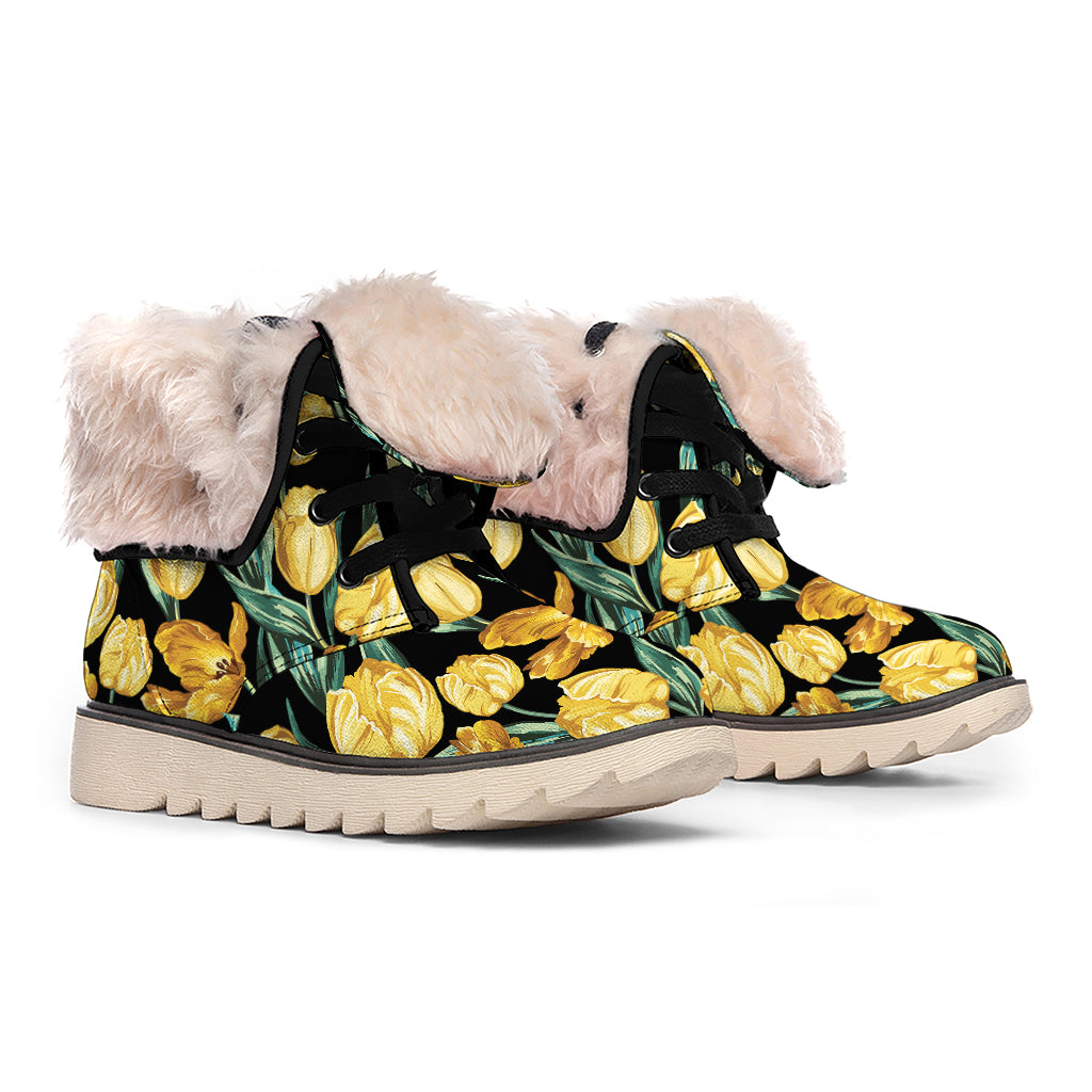 Yellow Tulip Floral Pattern Print Winter Boots