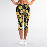 Yellow Tulip Floral Pattern Print Women's Capri Leggings