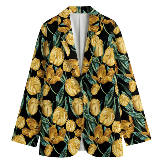 Yellow Tulip Floral Pattern Print Women's Cotton Blazer