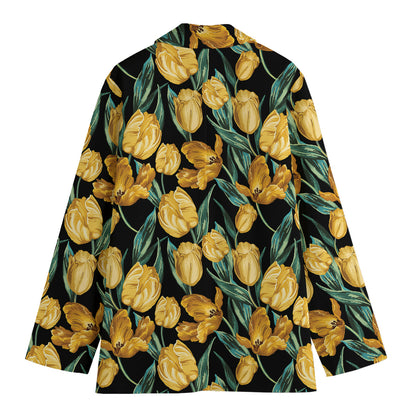 Yellow Tulip Floral Pattern Print Women's Cotton Blazer