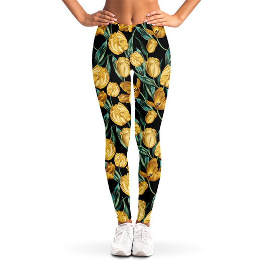 Yellow Tulip Floral Pattern Print Women's Leggings