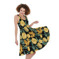 Yellow Tulip Floral Pattern Print Sleeveless Knee Length Dress