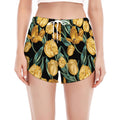 Yellow Tulip Floral Pattern Print Women's Split Running Shorts