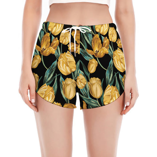 Yellow Tulip Floral Pattern Print Women's Split Running Shorts