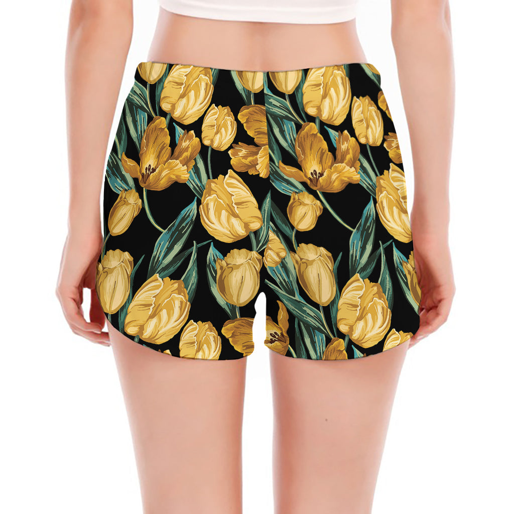 Yellow Tulip Floral Pattern Print Women's Split Running Shorts