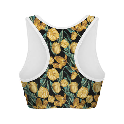 Yellow Tulip Floral Pattern Print Women's Sports Bra