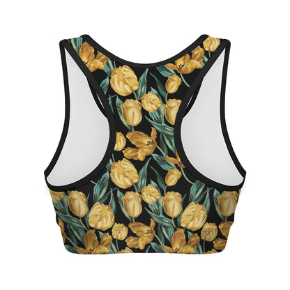 Yellow Tulip Floral Pattern Print Women's Sports Bra