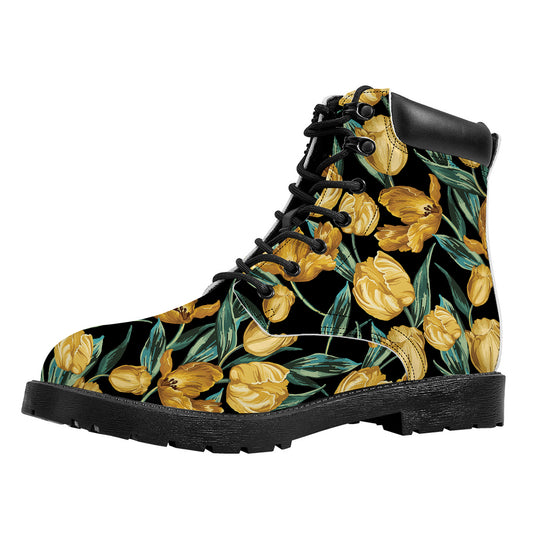 Yellow Tulip Floral Pattern Print Work Boots