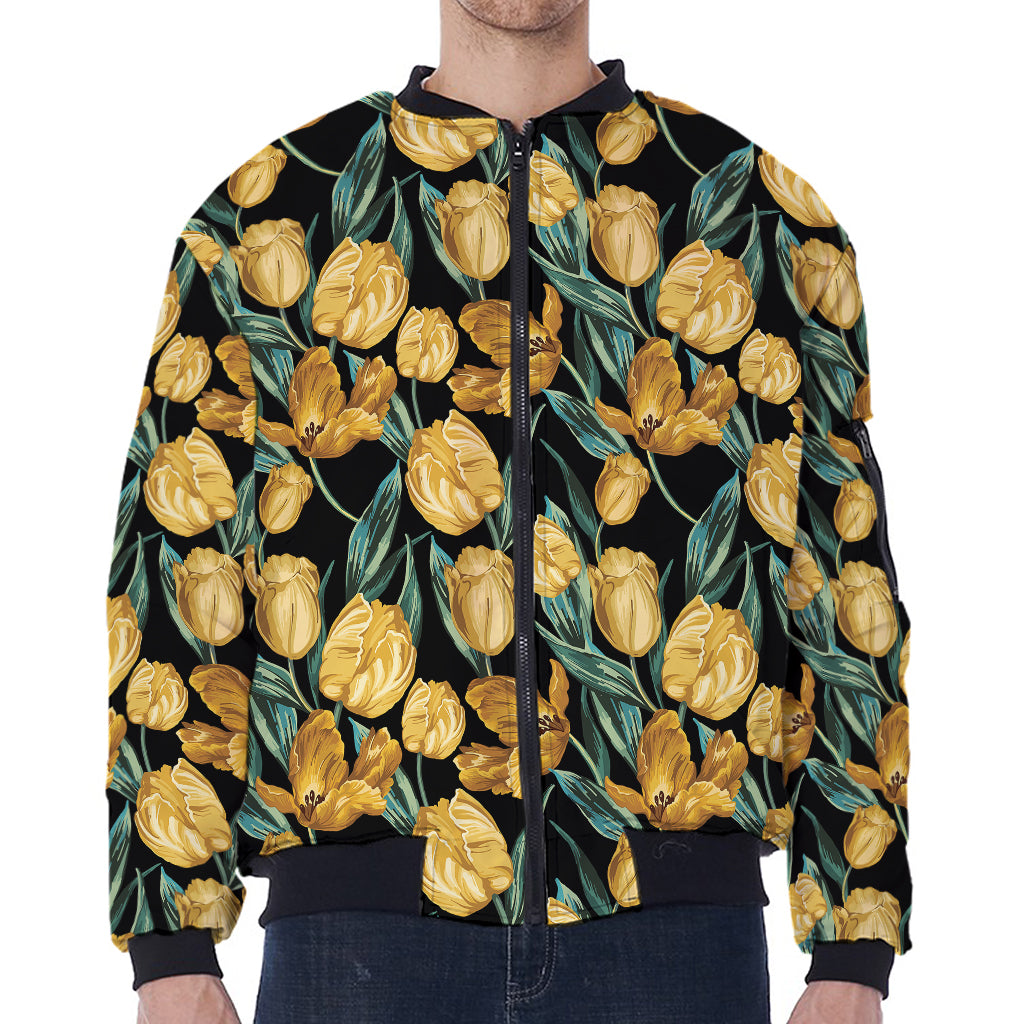 Yellow Tulip Floral Pattern Print Zip Sleeve Bomber Jacket