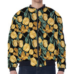 Yellow Tulip Floral Pattern Print Zip Sleeve Bomber Jacket