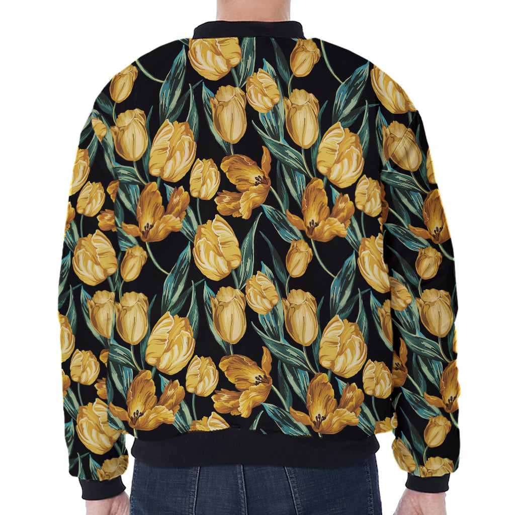 Yellow Tulip Floral Pattern Print Zip Sleeve Bomber Jacket