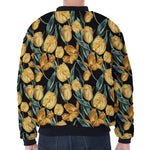 Yellow Tulip Floral Pattern Print Zip Sleeve Bomber Jacket