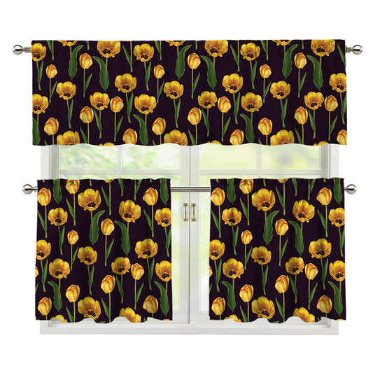 Yellow Tulip Flower Pattern Print 3 Piece Kitchen Curtains