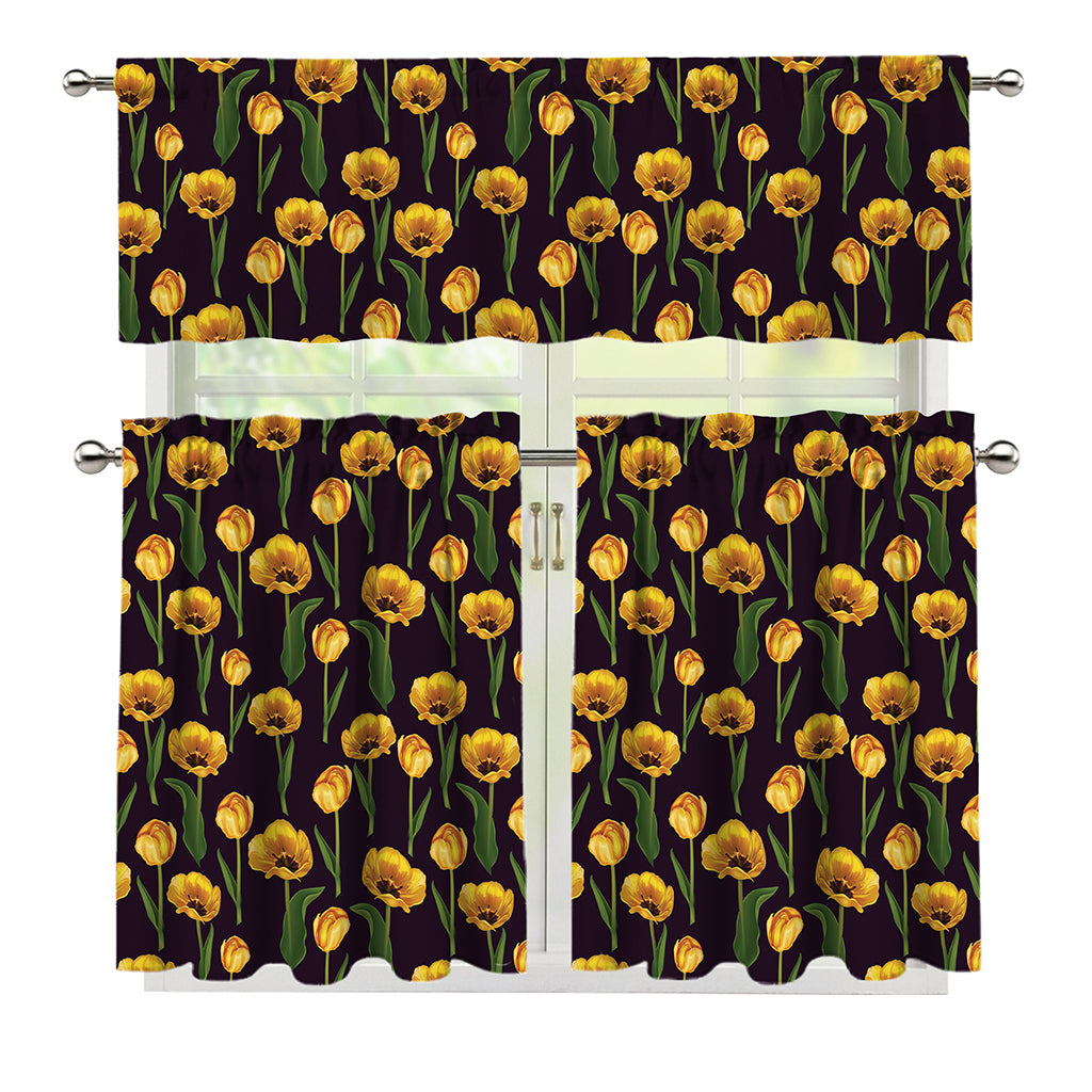 Yellow Tulip Flower Pattern Print 3 Piece Kitchen Curtains