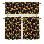 Yellow Tulip Flower Pattern Print 3 Piece Kitchen Curtains