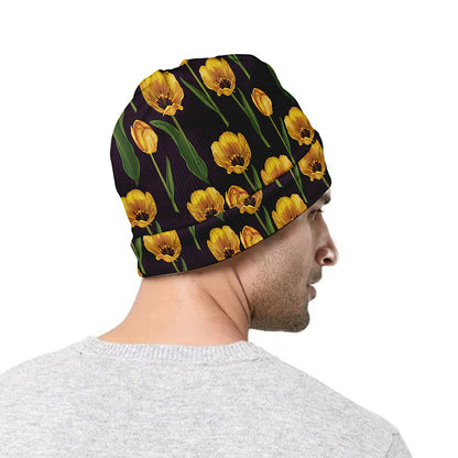 Yellow Tulip Flower Pattern Print Beanie