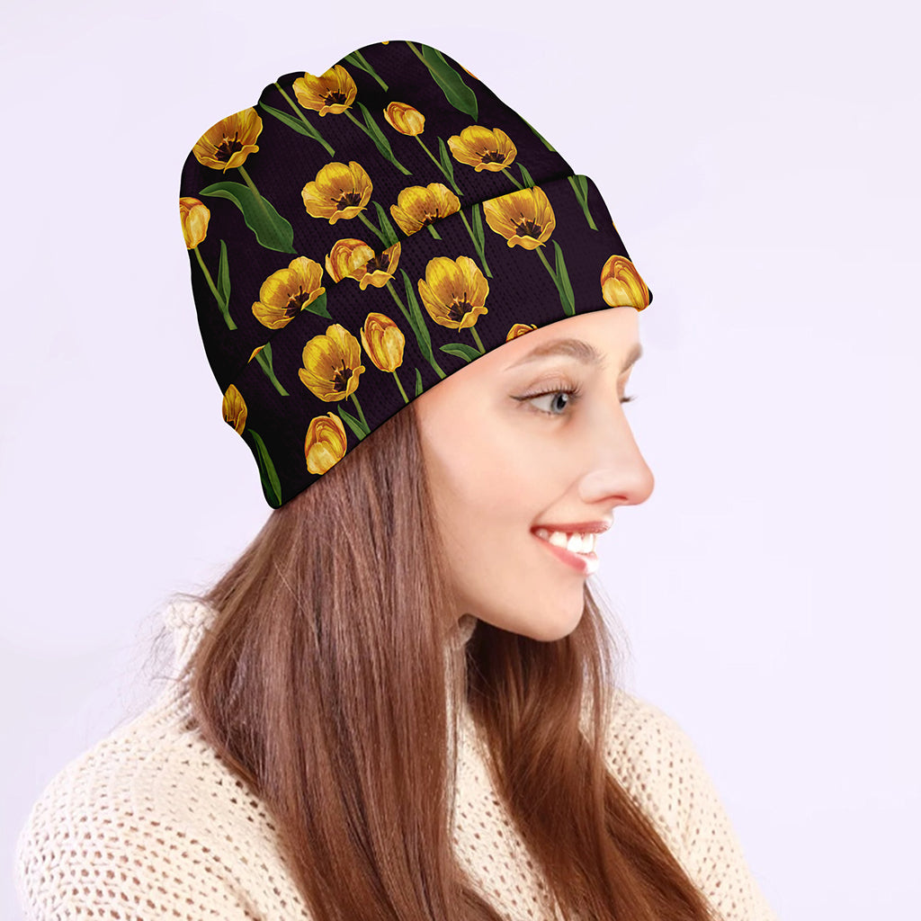 Yellow Tulip Flower Pattern Print Beanie