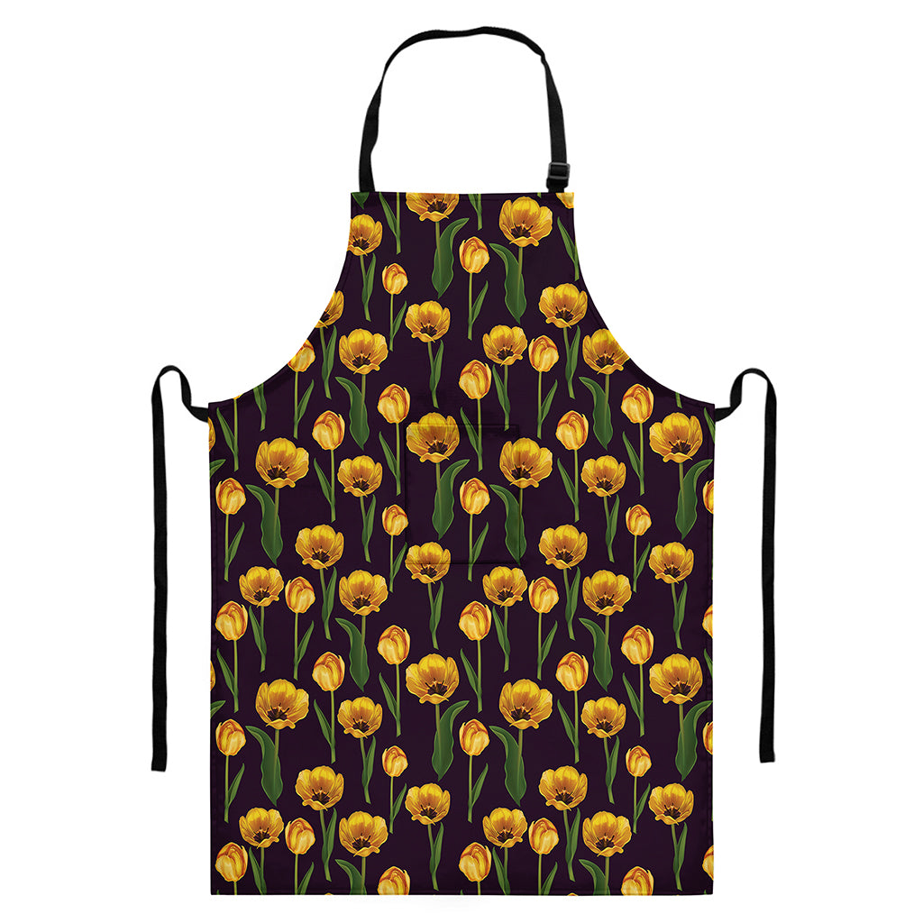 Yellow Tulip Flower Pattern Print Bib Apron With Pocket
