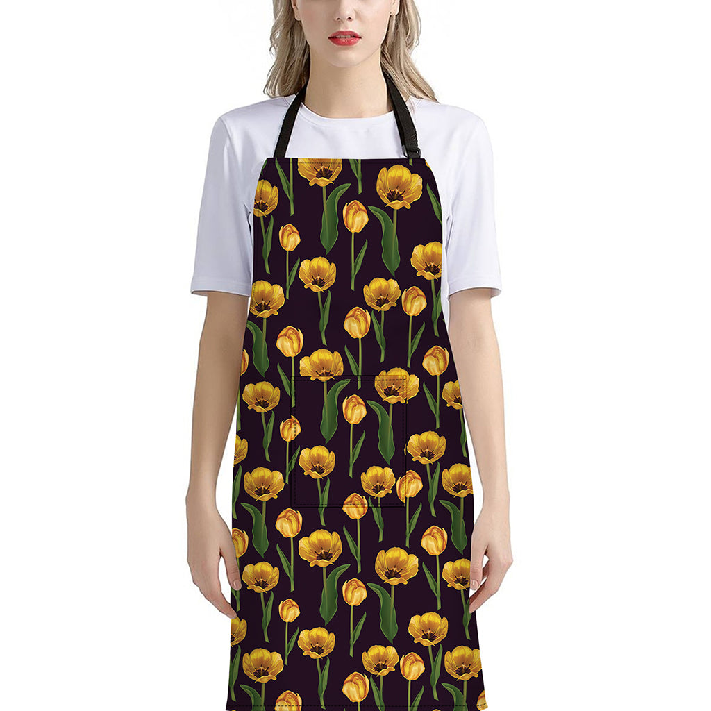 Yellow Tulip Flower Pattern Print Bib Apron With Pocket