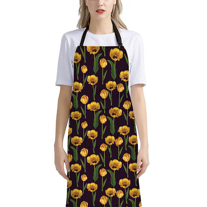 Yellow Tulip Flower Pattern Print Bib Apron With Pocket