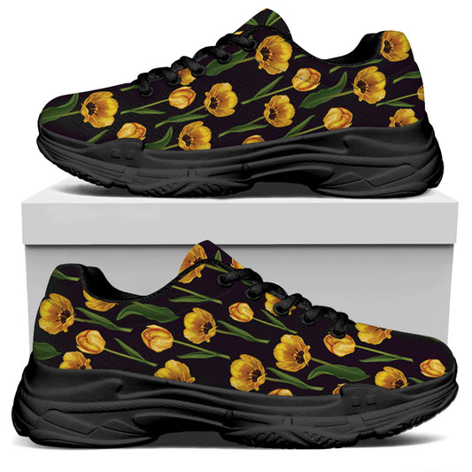 Yellow Tulip Flower Pattern Print Black Chunky Shoes