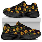 Yellow Tulip Flower Pattern Print Black Chunky Shoes
