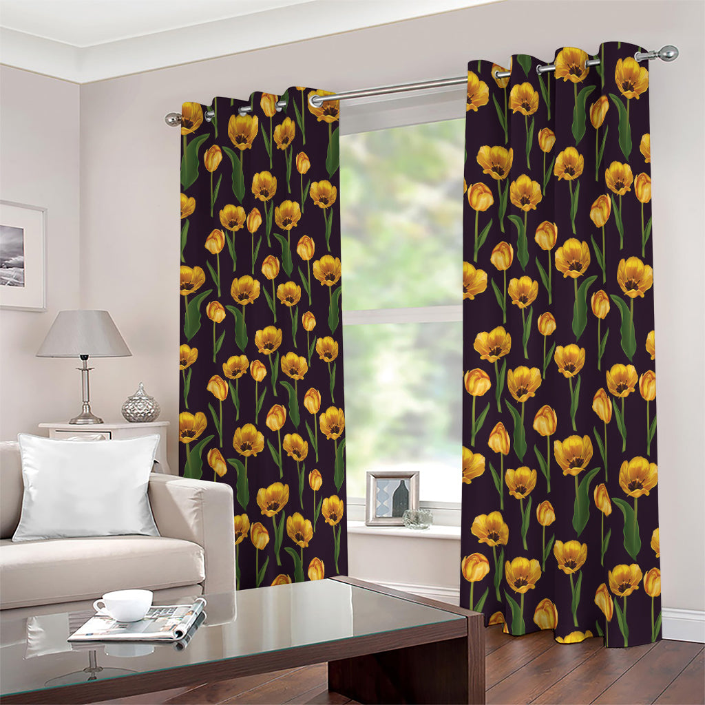 Yellow Tulip Flower Pattern Print Blackout Grommet Curtains