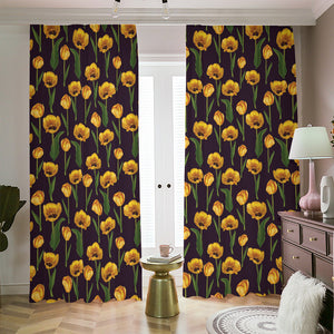 Yellow Tulip Flower Pattern Print Blackout Pencil Pleat Curtains