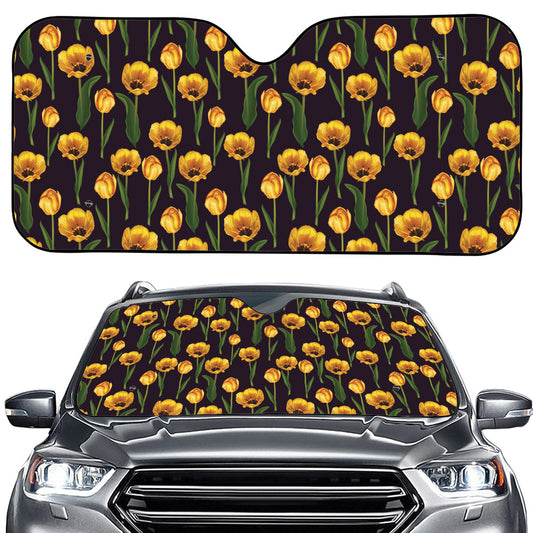Yellow Tulip Flower Pattern Print Car Windshield Sun Shade