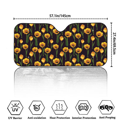 Yellow Tulip Flower Pattern Print Car Windshield Sun Shade
