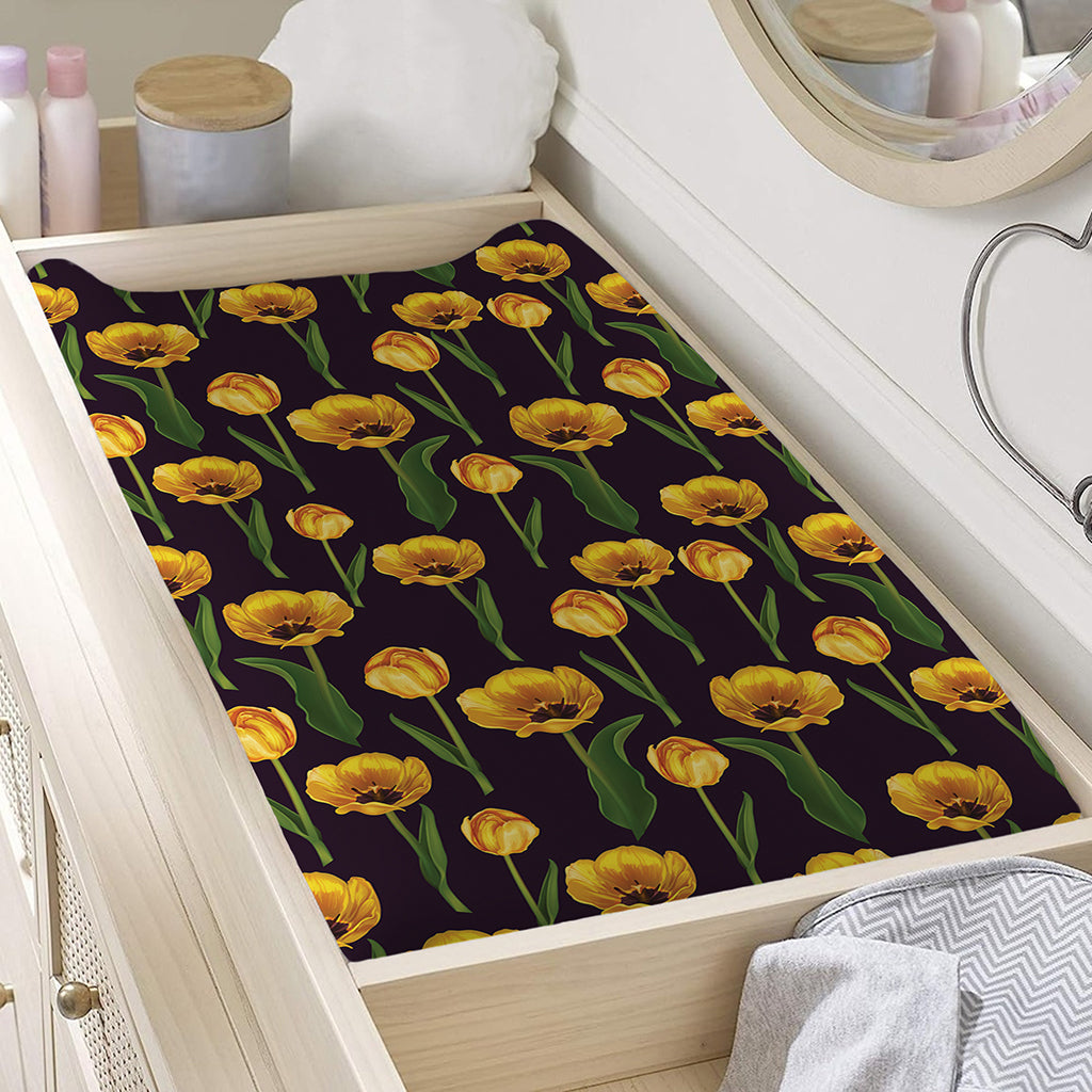 Yellow Tulip Flower Pattern Print Changing Pad Cover