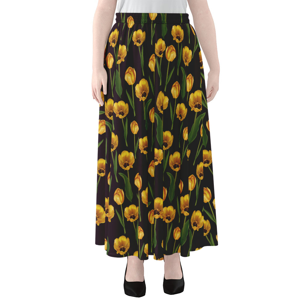 Yellow Tulip Flower Pattern Print Chiffon Maxi Skirt