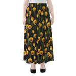Yellow Tulip Flower Pattern Print Chiffon Maxi Skirt