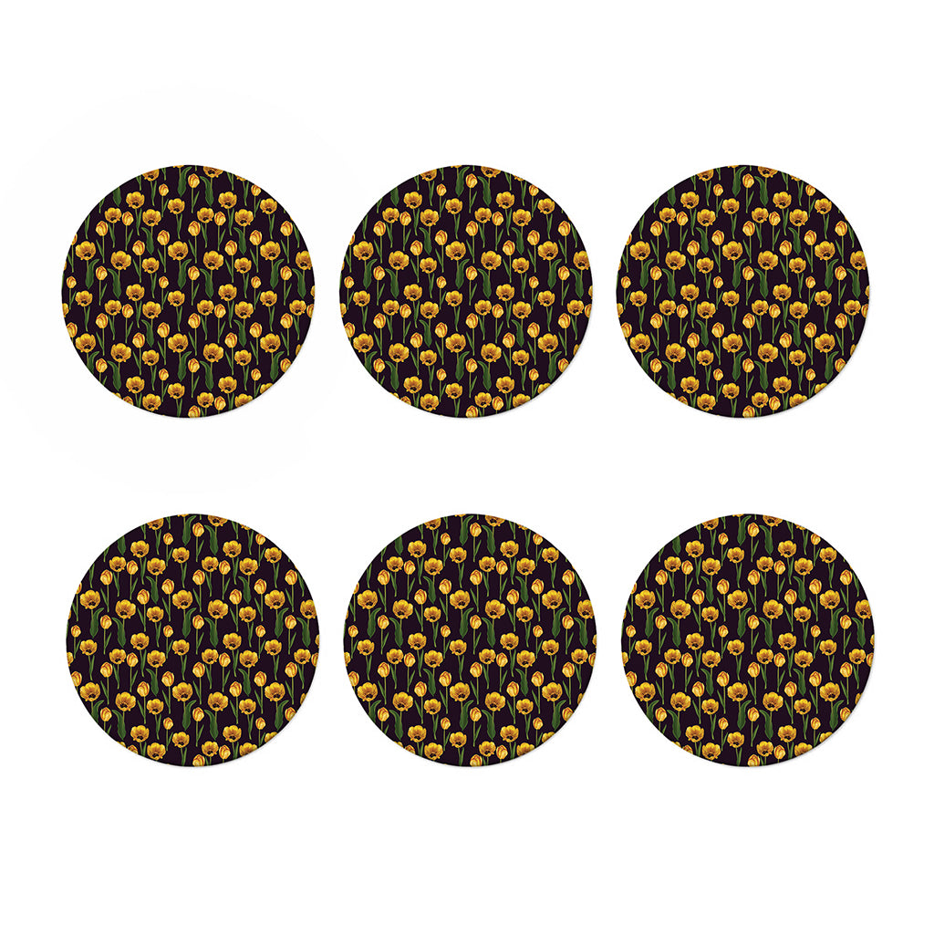 Yellow Tulip Flower Pattern Print Coaster Set