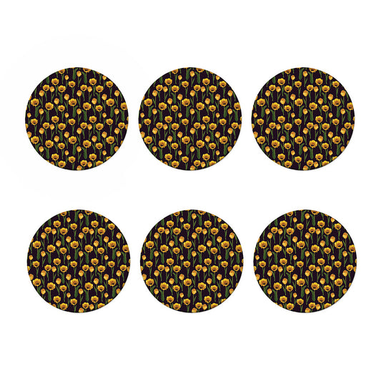 Yellow Tulip Flower Pattern Print Coaster Set