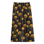 Yellow Tulip Flower Pattern Print Cotton Front Slit Maxi Skirt