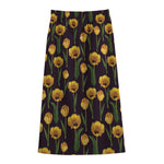 Yellow Tulip Flower Pattern Print Cotton Front Slit Maxi Skirt