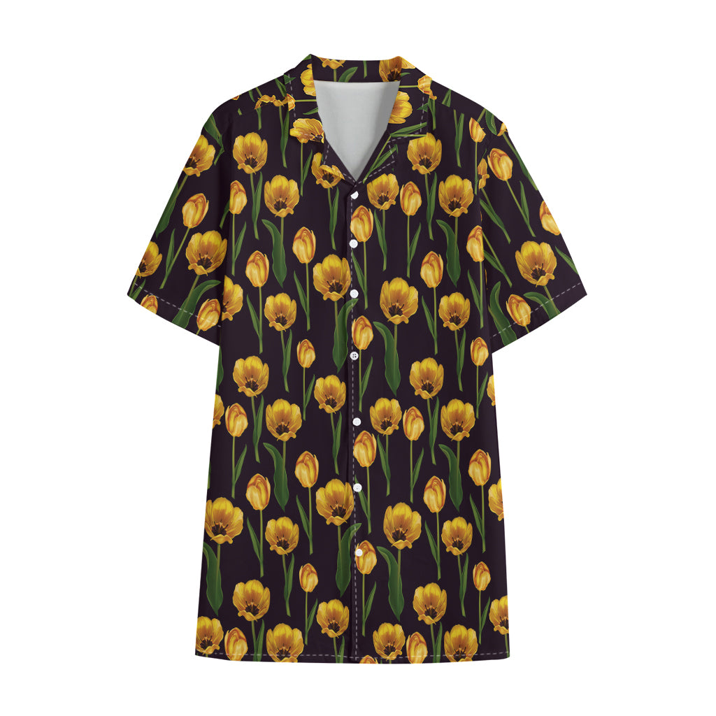 Yellow Tulip Flower Pattern Print Cotton Hawaiian Shirt