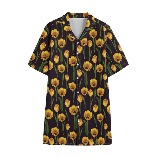 Yellow Tulip Flower Pattern Print Cotton Hawaiian Shirt