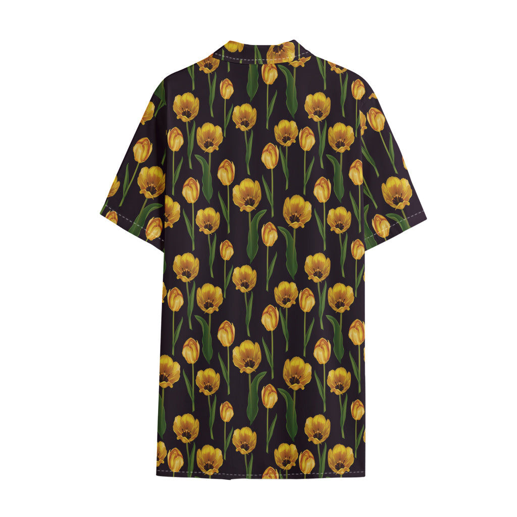 Yellow Tulip Flower Pattern Print Cotton Hawaiian Shirt