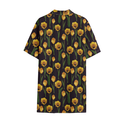Yellow Tulip Flower Pattern Print Cotton Hawaiian Shirt