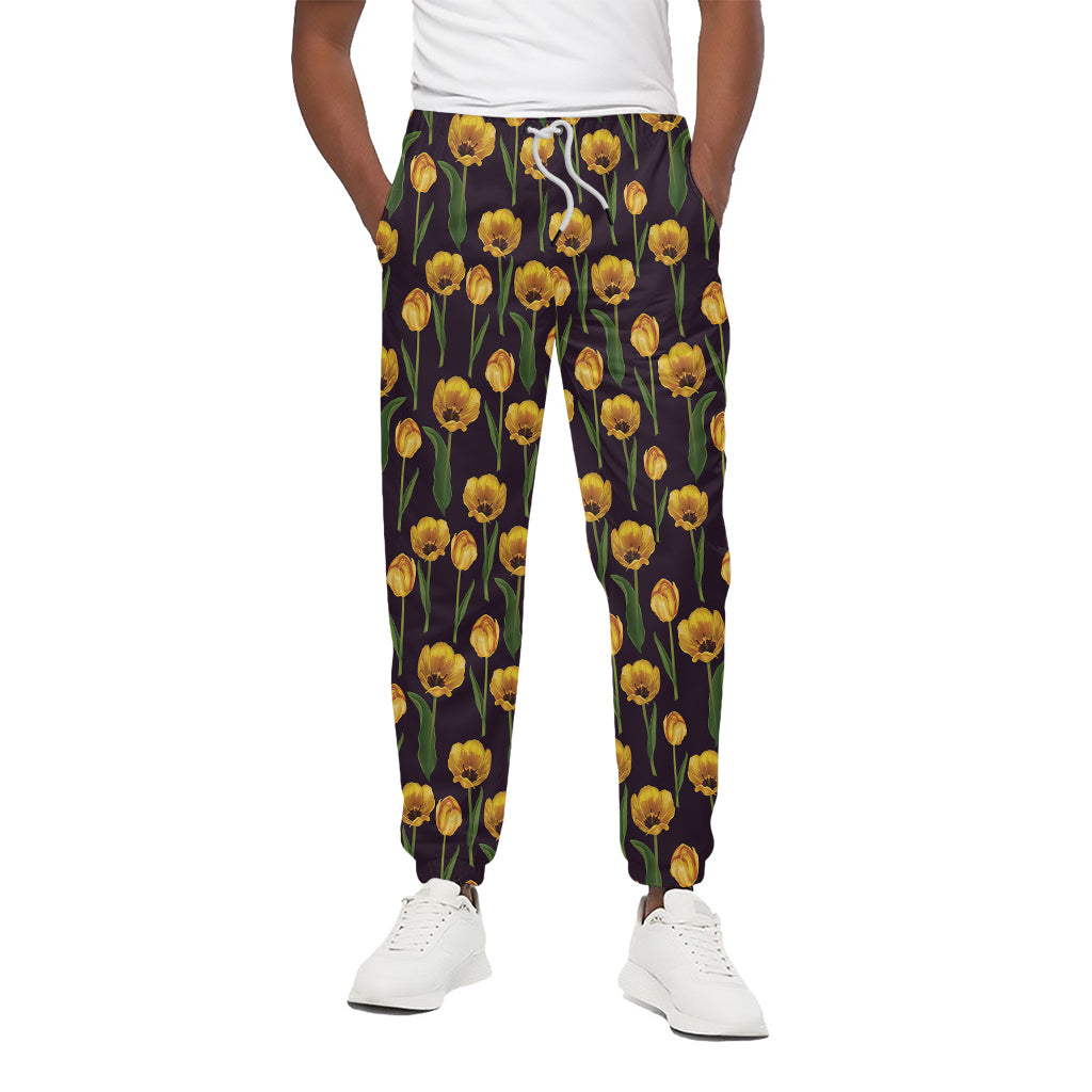 Yellow Tulip Flower Pattern Print Cotton Pants