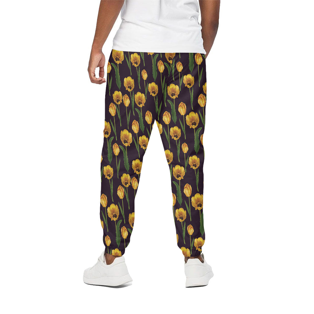 Yellow Tulip Flower Pattern Print Cotton Pants