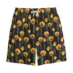 Yellow Tulip Flower Pattern Print Cotton Shorts