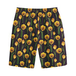 Yellow Tulip Flower Pattern Print Cotton Shorts