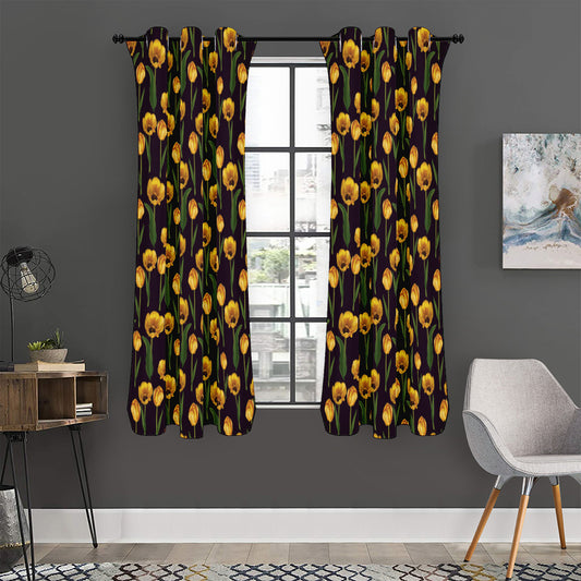 Yellow Tulip Flower Pattern Print Curtain